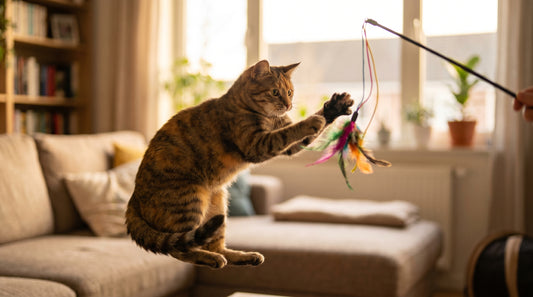 Playful tabby cat pouncing on a feather wand toy