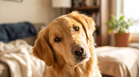 A curious golden retriever tilting its head sideways with attentive eyes and floppy ears