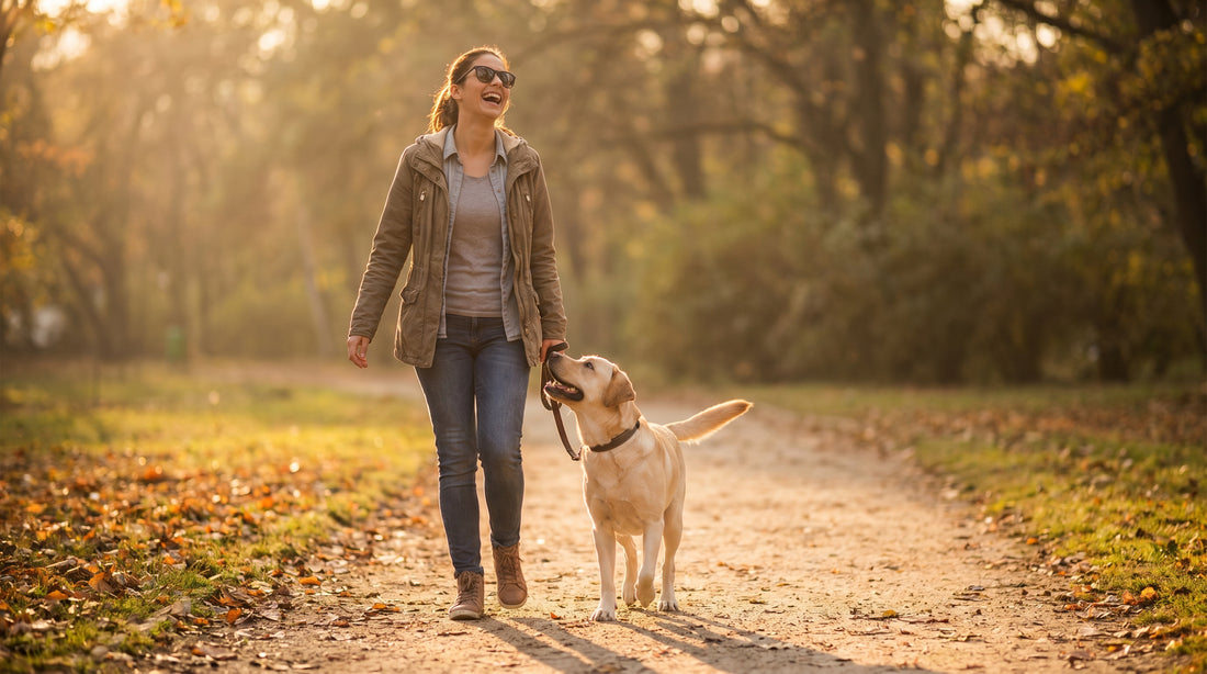 Woman walking her happy Labrador dog in a sunny park