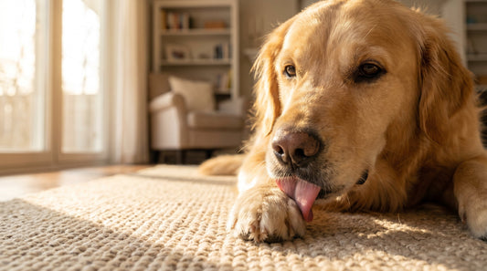 Golden retriever lying in soft sunlight gently licking its front paw