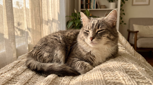 A contented gray and white tabby cat curled up on a soft cream blanket near a sunlit window, eyes half-closed and clearly purring