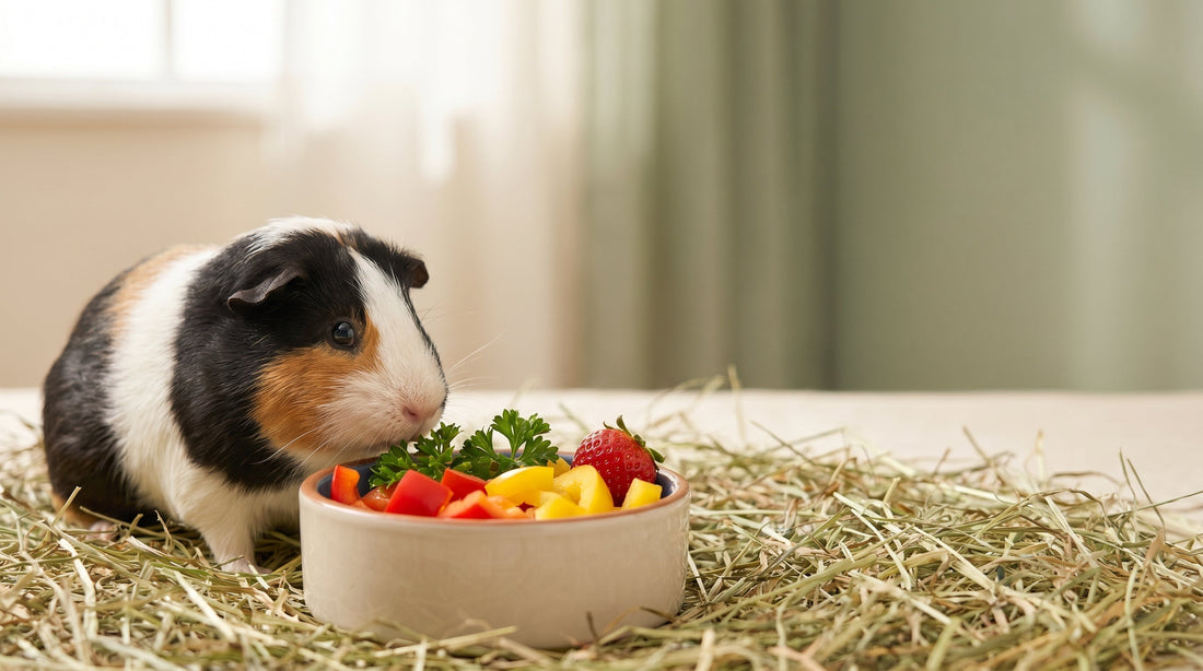 Guinea pig sniffing a small bowl of fresh red bell peppers and parsley
