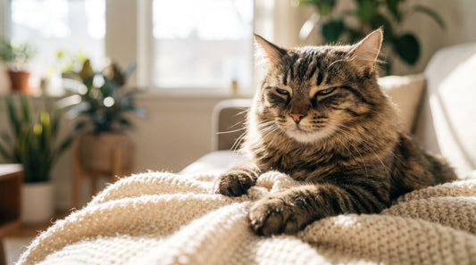 Cat kneading a soft blanket, making biscuits