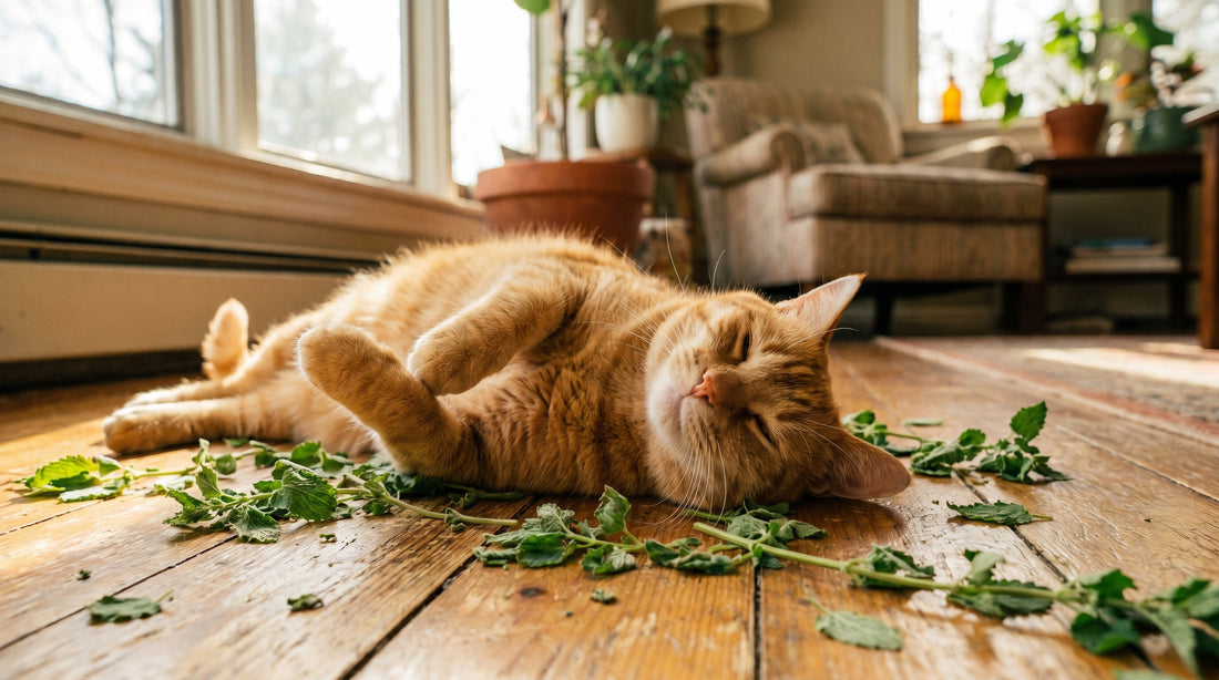 Happy cat rolling in fresh catnip leaves on a wooden floor