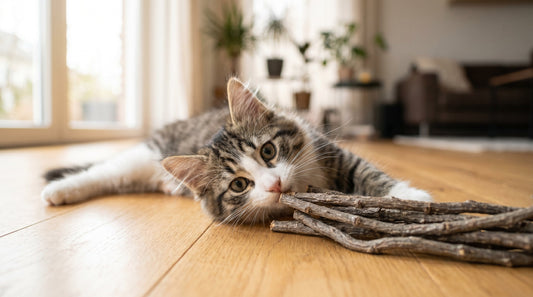 Curious kitten sniffing and playing with silver vine sticks