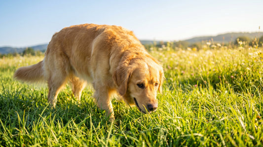 Golden retriever dog eating grass in a sunny yard