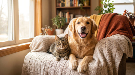 Golden retriever and tabby cat sitting together