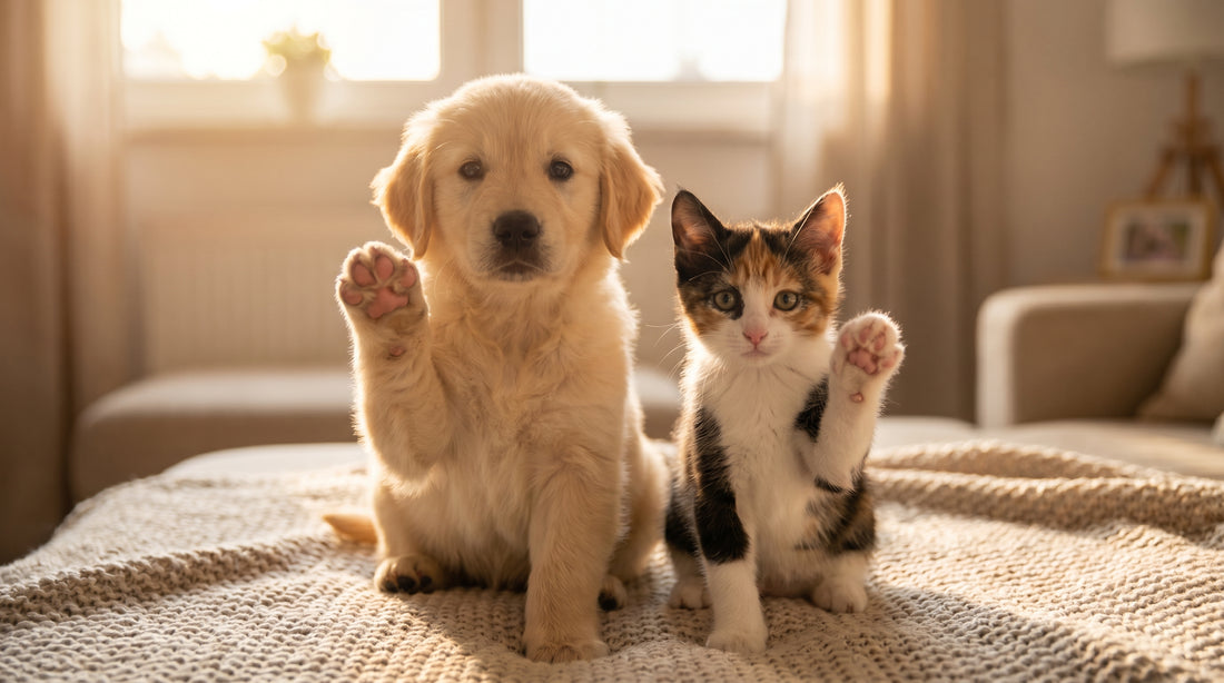 Puppy and kitten showing their cute pink paw pads