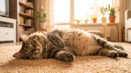 Fluffy domestic cat lying on its back showing its primordial belly pouch