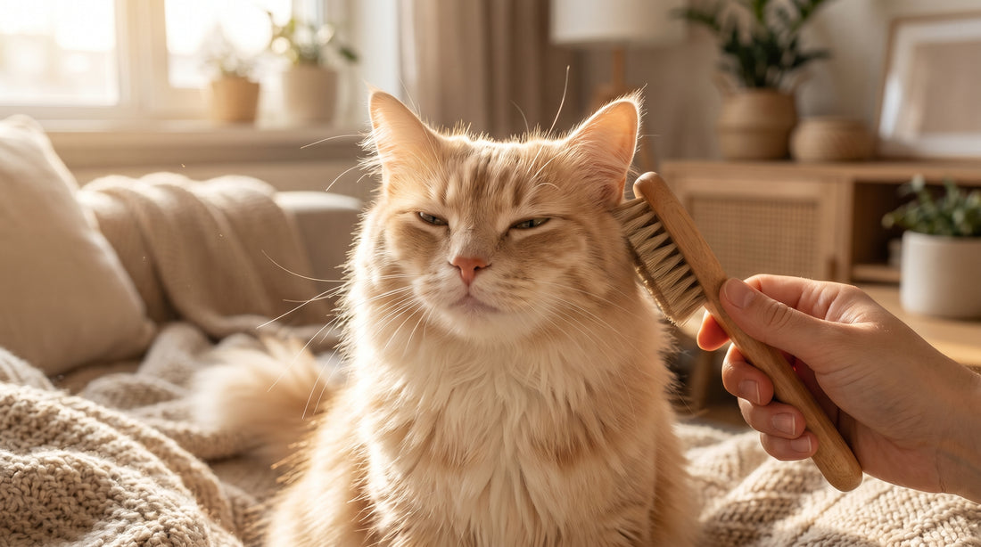 Long-haired cat being gently brushed in warm natural sunlight