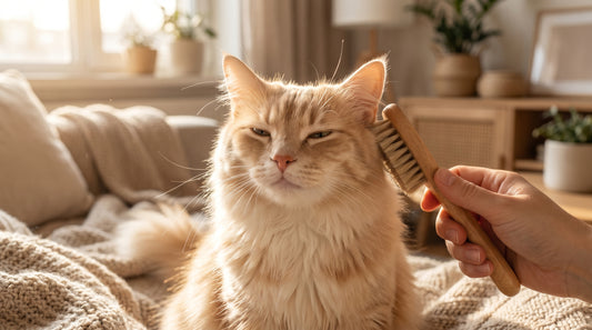 Long-haired cat being gently brushed in warm natural sunlight