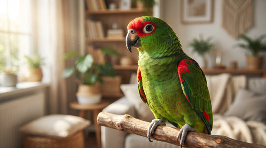 A vibrant Amazon parrot with full glossy plumage perched on a wooden branch in a bright, cozy home setting