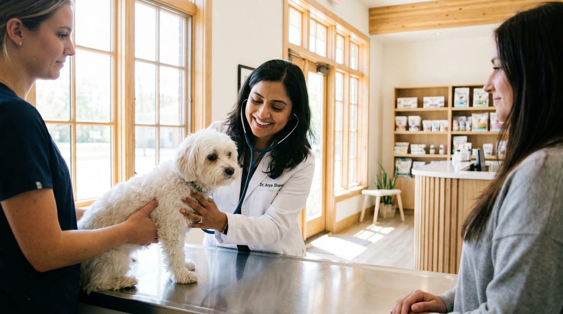 Veterinarian gently examining a small dog at a clinic