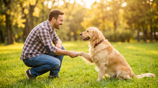 Man giving a handshake to a well-trained golden retriever in a sunny park