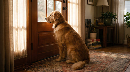 Sad golden retriever sitting alone by front door looking out the window
