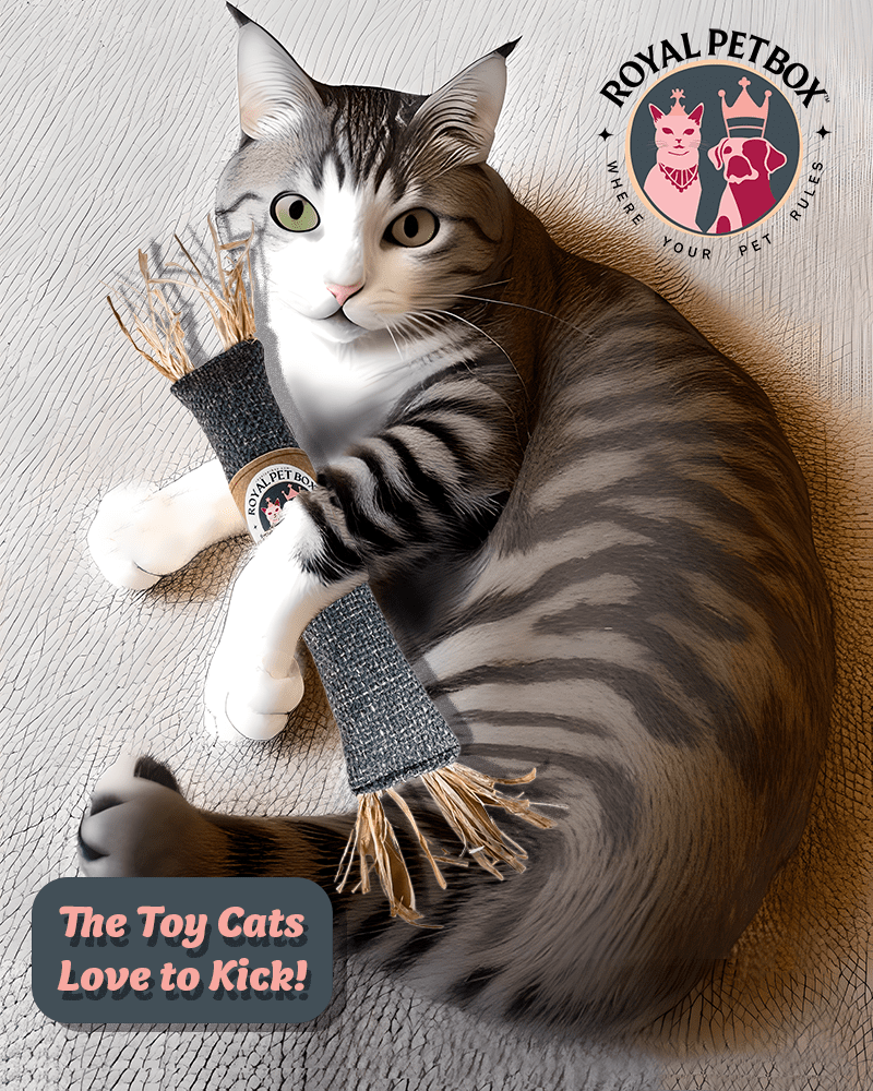 Two Luxury Cat Kicker Toys in Gray Tweed with Silver Vine Catnip Royal Pet Box